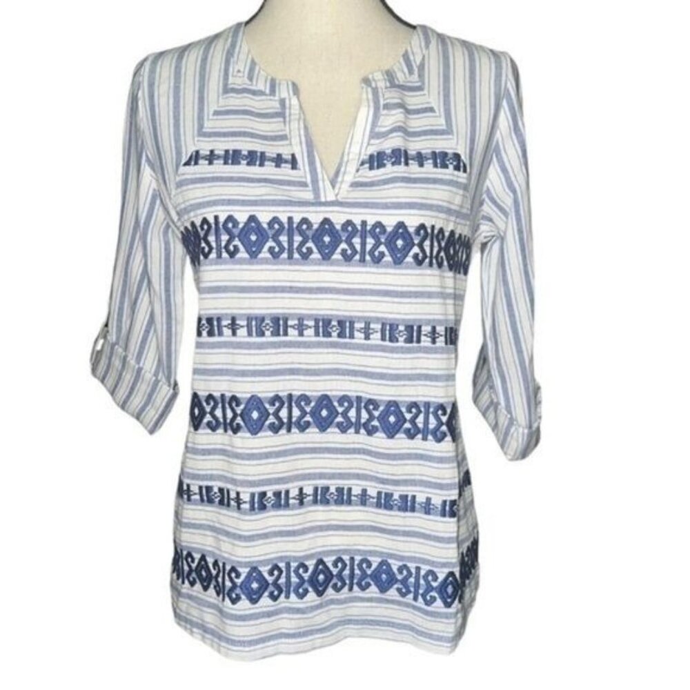 Skies Are Blue Womens Embroidered Cotton Tunic Top Split Neck Striped Size 6